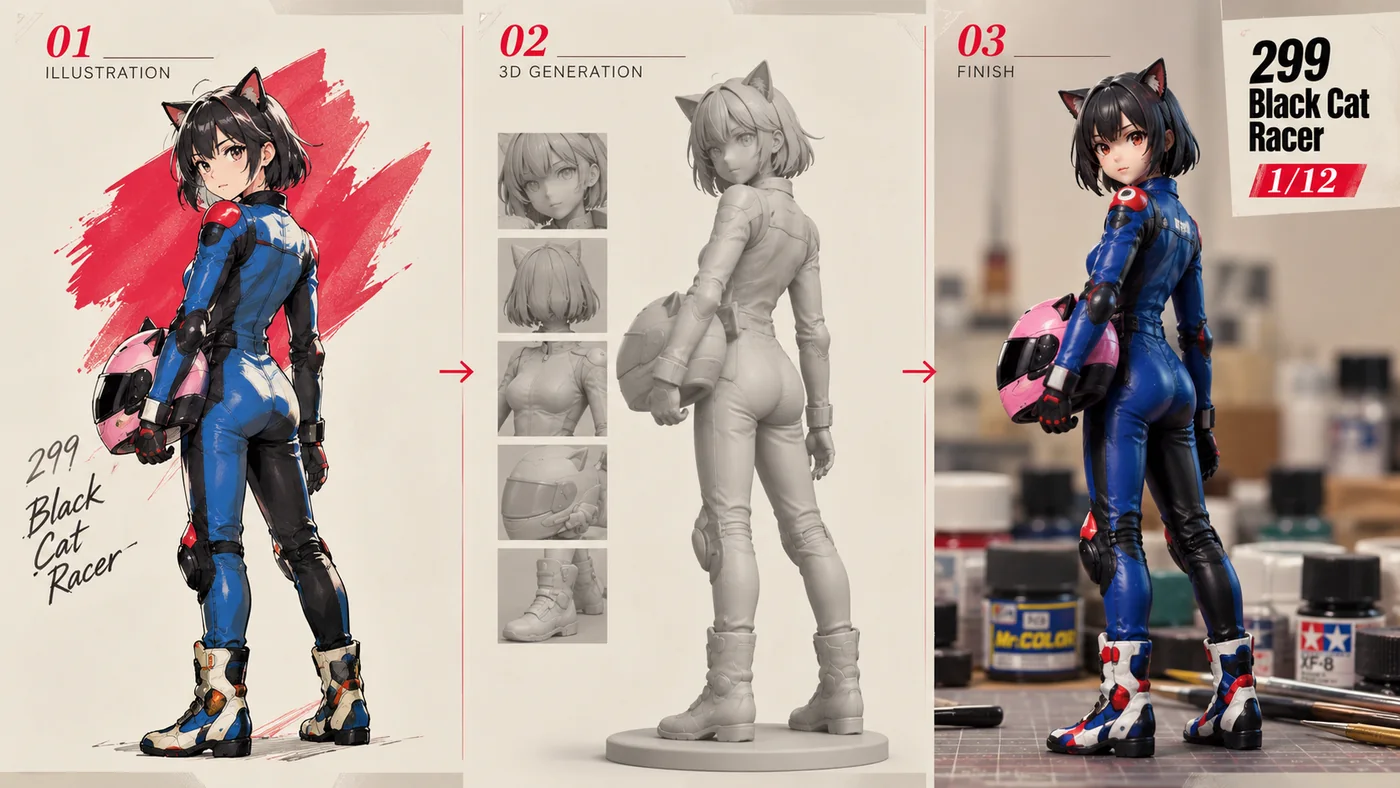 イラスト、3D生成、完成状態で見る299 Black Cat Racer 1/12の制作工程