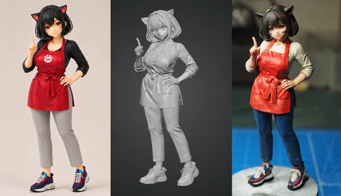 原画、3D生成データ、完成フィギュアを並べた制作イメージ