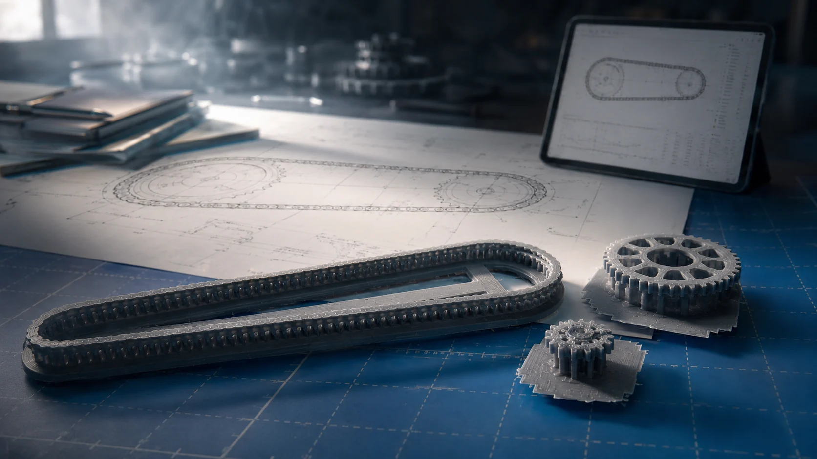 設計図と299 Chain Builder、3D出力した自作チェーン部品を並べた制作風景