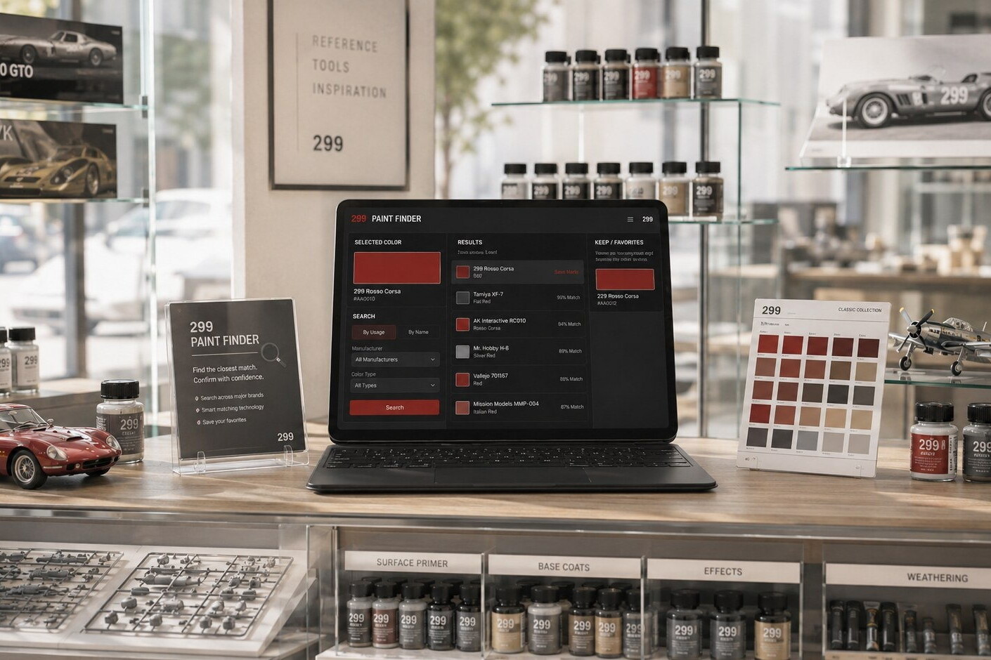 299 Paint Finder displayed on a scale-modeling workbench